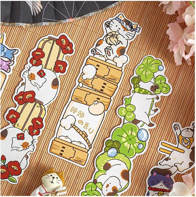 Cute Funny Animal Theme Colorful Bookmarks, 30 PCS (Cat's Delicious Adventure)