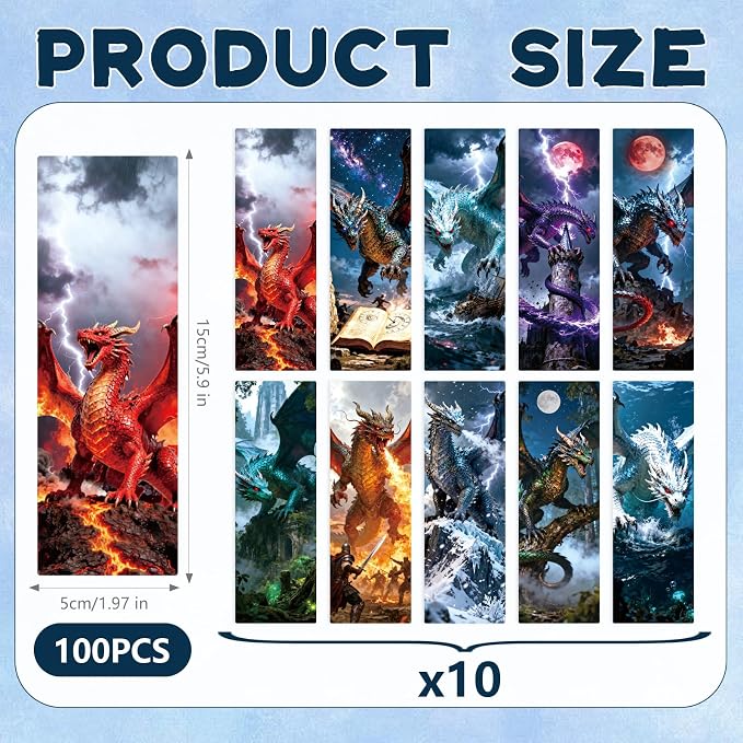 Fantasy Dragon Bookmark for Kids, 100 Pcs Fantasy Bulk Paper Bookmarks for Book Lovers, Cool Dragon Paper Book Mark Reading Accessories Gift for Kid Men Students Teenagers