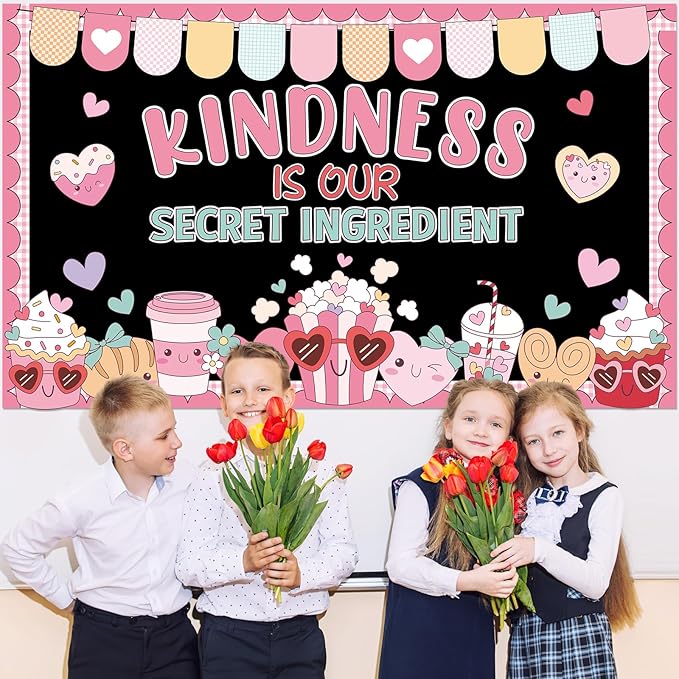Valentine's Day Bulletin Board Decoration Set Valentines Kindness Classroom Decoration Colorful Heart Coffee Cup Cookies Cutouts for Valentines School Classroom Chalkboard Wall Decor Party Supplies