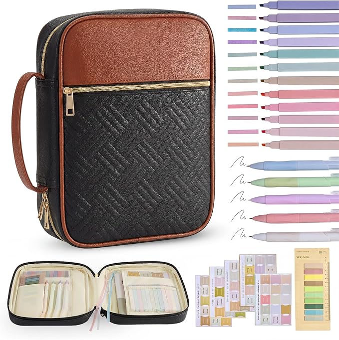 Bible Cover Bible Book Cover Bible Case for Women Canvas Carrying Case Book Protector Quilted Vegan Leather Bible Covers Study Supplies Accessories (Black-Brown, One Size)