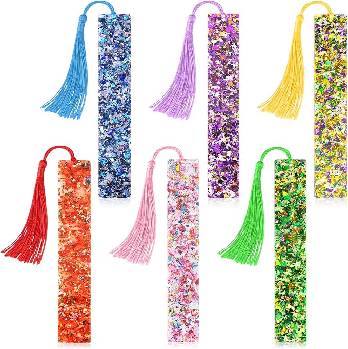 Leezmark 6 Pcs Resin Glitter Bookmarks with Colorful Silk Tassels, Transparent Acrylic Unique Bookmarks for Kids Reading, Cool Book Accessories for Book Lover Gifts (6 Colors)
