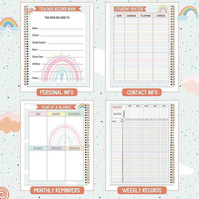 Teacher Record Book Spiral Bound Teacher Grade Book with Metal Corner Protector, 100gsm Thick Paper, Waterproof Thick Cover, Favors Gift Gradebook for Teachers Double-Sided Color Printing 8.3''x11.4''