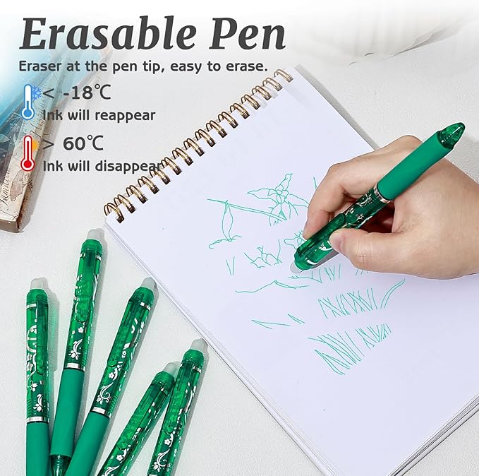 6 Pcs Retractable Erasable Pens, Colored Gel Green Ink Pens Clicker with Erasers, 0.5mm Fine Point Smooth Writing Pen for Journaling Note-Taking Crossword Puzzles Supplies (Green)