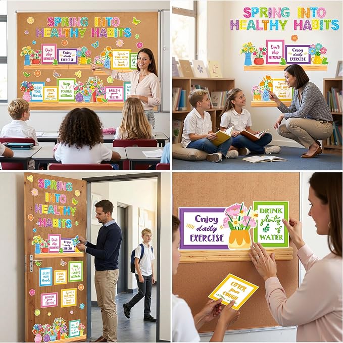 Qilery Spring Healthy Habits Bulletin Board Set Classroom Decorations - Motivational Nutrition Paper Cutouts for Elementary School Nurse Office - Educational Positive Wall Decor for Teachers & Library