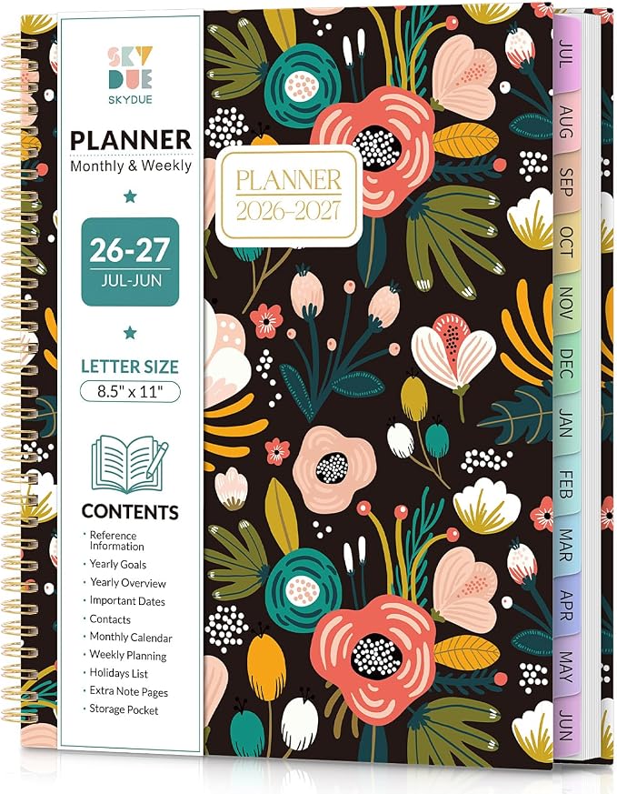 SKYDUE 2026-2027 Monthly and Weekly Academic Planner, July 2026-June 2027, 8.5"x11", Agenda Calendar with Colorful Tabs and Storage Pocket, Ideal for School Office Supplies