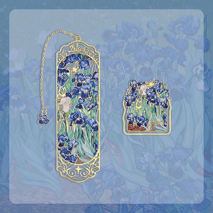Luxury Metal Bookmark & Book Clip Gift Set, Oil Painting Themed Irises, 1 Bookmark with Pendant + 1 Book Clip, Elegant Christmas New Year Gift Box for Women Book Lovers Writers Readers Teenage