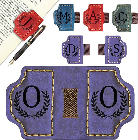 Custom Magnetic Bookmarks with Pen Holder, Personalized 26 Letters Name Initial Leather Bookmark, Leather Book Mark for Men Women Teachers, Readers Book Lovers Gifts (Purple, O)