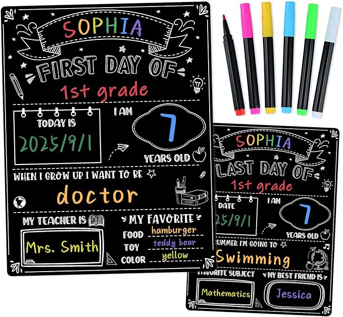 First Day of School Sign Board with 6 Colorful Liquid Chalk Markers - 11"x14" Double-Sided & Reusable - First and Last Day of Kindergarten Preschool Sign - Back to School Signs Supplies