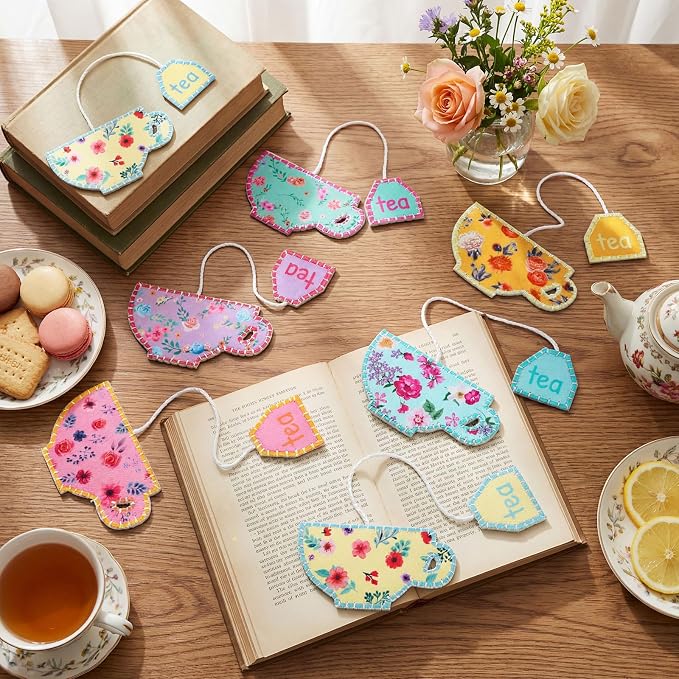 Resurhang 12 Pcs Tea Bag Bookmarks Tea Party Favors Cute Hand Embroidered Teapot Bookmarks Gift for Spring Holiday Teacher Women Book Reading Lovers Gift Book Marks (Classic)