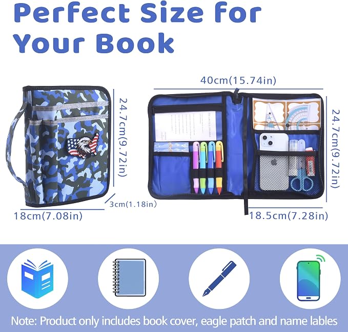 LParkin Blue Camo Scouts Book Cover for Handbook 14th Edition, Boy Camo Waterproof Protective Sleeve with Eagle Patch & 32 Name Labels, Gifts for Boy and Girl Scouts