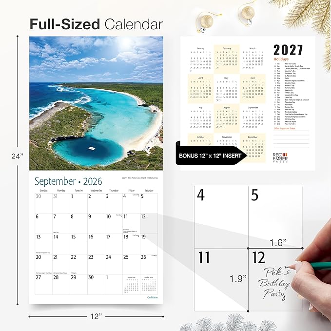 RED EMBER Select - Untamed & Scenic Caribbean 2026 Wall Calendar 12 Month | 12" x 24" Open | Thick & Sturdy Paper | Giftable | Tropical Islands Nature Travel Beach Calendar 2026