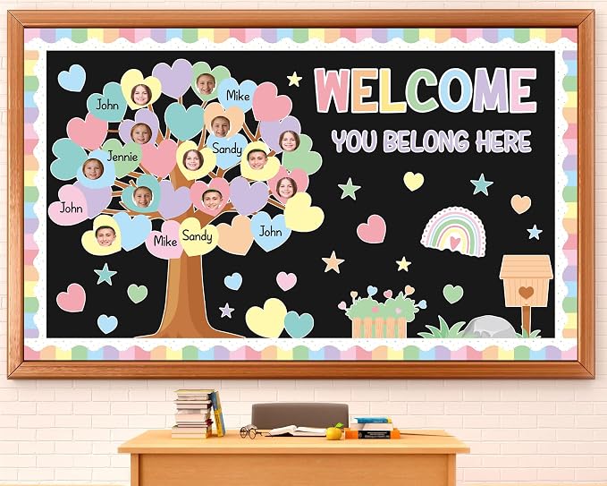 85pcs Pastel Classroom Tree Bulletin Board Heart DIY Photo Name Tags Crafts Cutouts Back to School Rainbow Accents You Belong Here Welcome Classroom Decor for Nursery Elementary Chalkboard Wall Decor