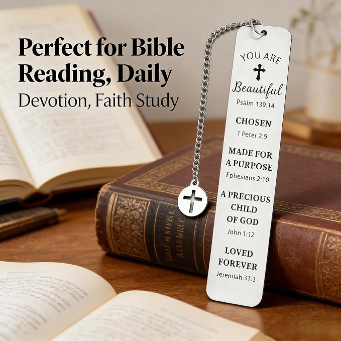 Christian Stainless Steel Bookmark with Cross Pendant – Inspirational Bible Verse Scripture – Perfect Religious Gift for Women, Men, Girls, Baptism, Graduation