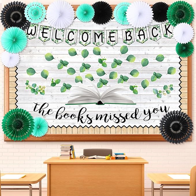 Qilery 83 Pcs Welcome Bulletin Board Set Welcome Back The Books Missed You Classroom Decoration Greenery Plant Bulletin Board Cutout Back to School Classroom Decoration for Home Library School