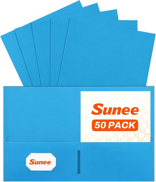 SUNEE Two Pocket Folders, 50 Pack File Folders with Business Card Slot, Textured Paper, Fit Letter Size Paper, Paper File Folder for School Office Home Business, Blue