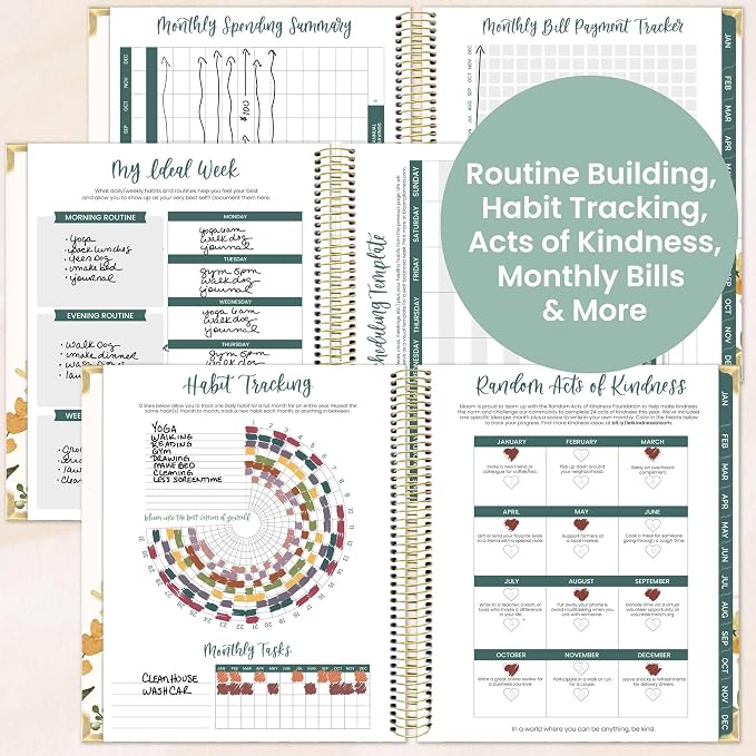 bloom daily planners 2026 Hardcover Calendar Year Goal & Vision Planner (January to December) - Monthly & Weekly Agenda Organizer - 7.5" x 9" - Beige Bouquet