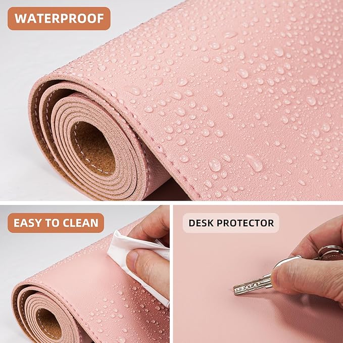 AFIING Cork Desk Mat 55" x 17", Dual-Sided Natural Cork & PU Leather Desk Pad, Non-Slip Waterproof Large Mouse Pad for Office, Home & Gaming (Pink)