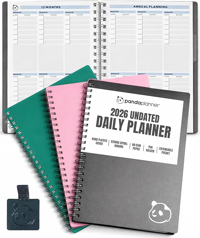 Panda Planner 2026 Undated Daily Planner 5.75" x 8.25" – 90-Day Spiral Academic & Productivity Planner with Hourly Schedule, Habit Tracker, To-Do List & Monthly Calendar – ADHD-Friendly Panda Journal (Gray)