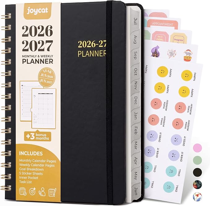 JoyCat Academic Planner 2026-2027, July 2026 - June 2027, A5 Weekly & Monthly Planner, Hardcover Agenda with Tabs, 5 Sticker Sheets, Elastic Closure & Pocket for Teachers & Students, 6.3" x 8.5", Black