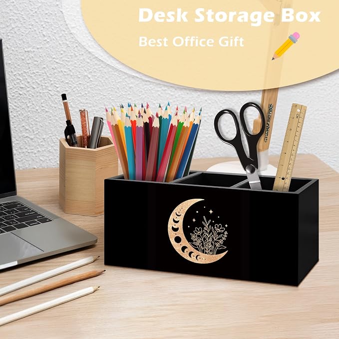 Witchy Floral Moon Pen Holder Organizer Desk Decor, Witchy Room Decor, Boho Black Gold Celestial Crescent Moon Phase Wooden Pen Pencil Holders for Home Office Desk Accessories