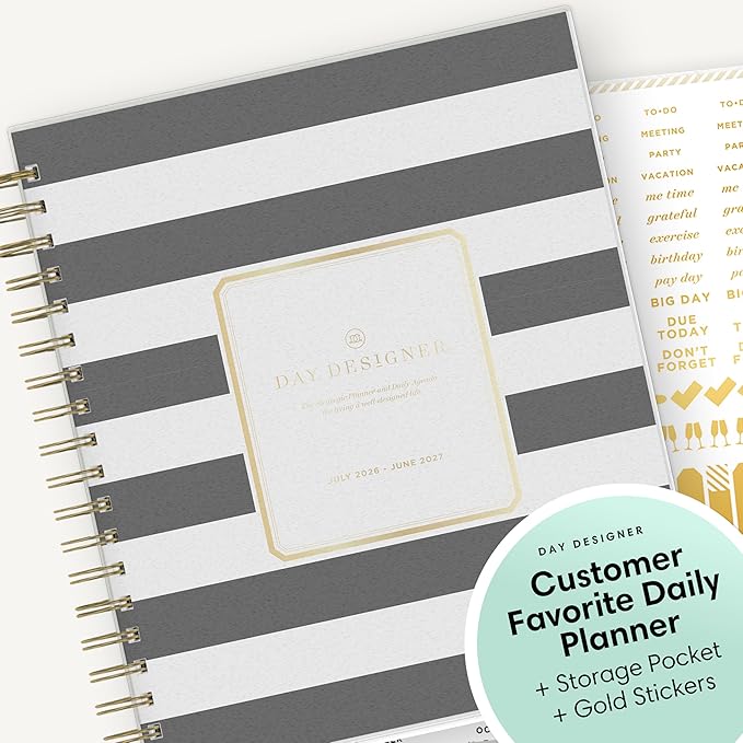 Blue Sky Day Designer 2026-2027 Daily and Monthly Academic Year Planner Calendar, July 2026 - June 2027, 8" x 10", Flexible Cover, Laminated Tabs, Storage Pocket, Includes Stickers, Black Stripe