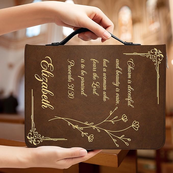 Custom Leather Bible Cover with Name – Personalized Bible Case for Women, Zippered with Handle, Bookmark & Storage Pockets, Christian Gift for Mom, Daughter, Grandma (Custom Quote, M-2XL)