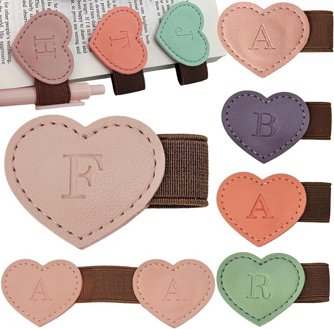 Personalized Magnetic Leather Heart Bookmark with Pen Holder - 26 Letters Custom Book Mark Notebook Pencil Loop with Initial Book Marker for Readers, Book Lovers- Gifts for Women Men(Pink,F)