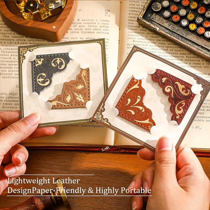 4 PCS Vintage Leather Bookmarks, Elegant Gold Stamped Corner Bookmark Retro Pattern Book Mark Book Accessories Gifts for Book Lovers Women Girls