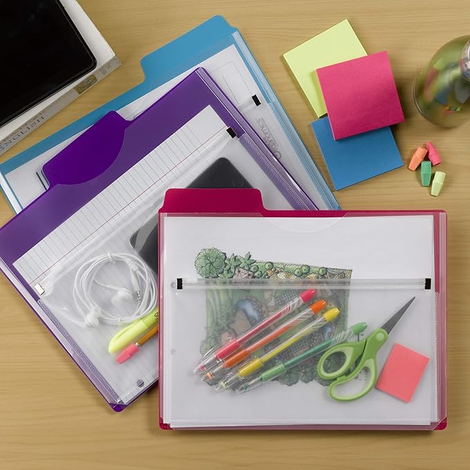 Smead Project Organizer with Zip Pouch, 1/3- Cut Tab, Letter Size, Assorted Colors, 3 per Pack (89617)