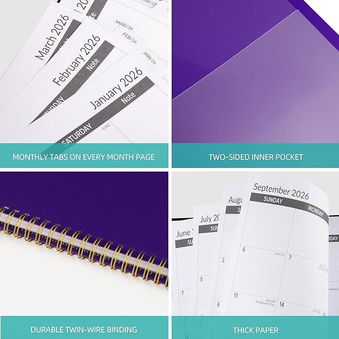 2026-2030 Monthly Planner 5 Year Monthly Planner/Calendar 2026-2030, Jan 2026 – Dec 2030, 9" x 11", Tabs, Double-Side Pocket, Holidays, Thick Paper - Purple