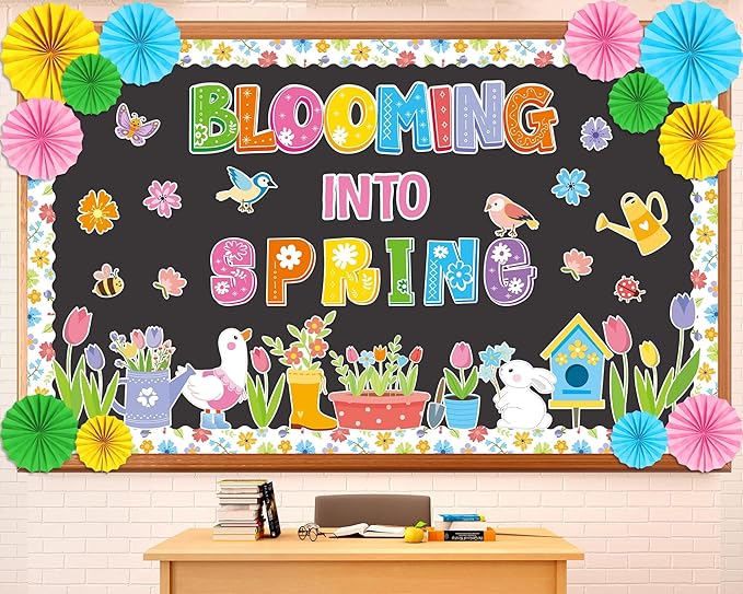 Spring Bulletin Board Decorations Set with 3D Paper Fans Blooming Into Spring for Colorful Tulip Flowers Butterfly Bee Bird Cutouts for Classroom Party School Home Office Chalkboard Wall Door Decor