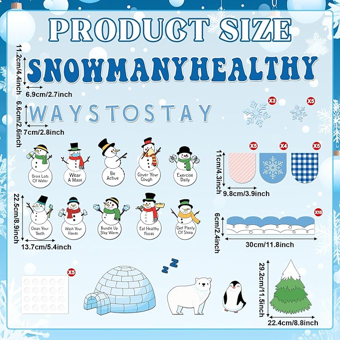 Winter Health Bulletin Board Decorations Set Christmas Snowman Bulletin Board Snowflake Snow Many Ways to Stay Healthy Habits Cutouts Classroom Decor for School Wall Decoration Supplies