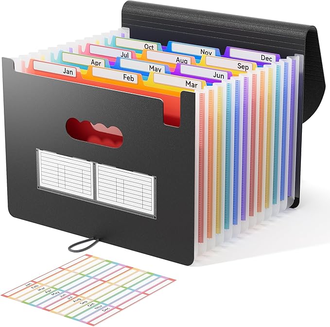 ThinkTex Expanding File Folder 12 Pockets Accordion File Organizer/Portable Expandable Plastic Filing Box, Accordion Bill/Paper/Document/Receipt Organizer Folders with Colored Tabs(A4/Letter Size)
