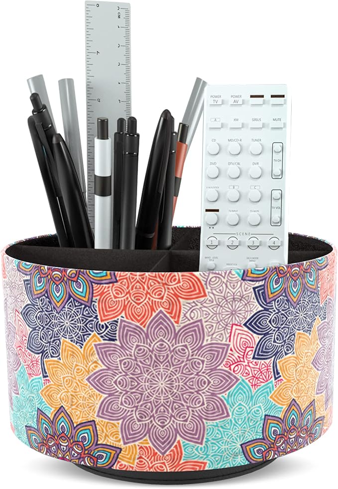 Round Leather Art Supply Organizer,Remote Control Holder,360 Degree Rotating,Multi-Functional Pencil Holder,4 Compartments Desktop Stationary Organizer(1-Colorful Flower)