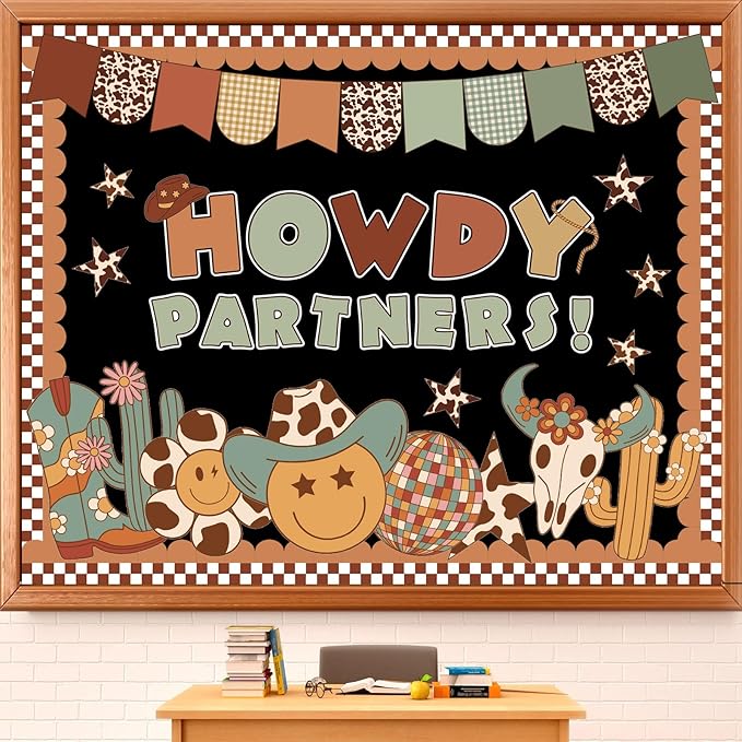 AnyDesign 76 Pcs Western Cowboy Bulletin Board Decoration Brown Wild West Howdy Partners Paper Cutouts with 150 Pcs Glue Points for Holiday Party Classroom Wall Decor