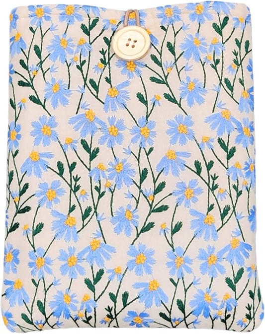 Daisy Embroidered Canvas Book Sleeve - Elegant Book Cover, Cotton Padded Protector for Paperbacks & Hardcovers, Ideal for Book Lovers, 10.6x8.7 inches, Wooden Button (Blue & Beige)