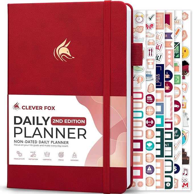 Clever Fox Daily Planner 2nd Edition – Undated Time Block Task Organizer with Hourly Schedule & To-do list – A5, 6 Months (Red)