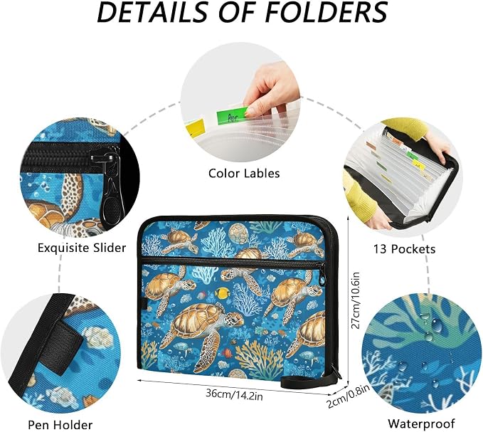 Sea Turtle Fish File Folders, Plastic Folders with 13 Pockets, Expandable File Folder for Documents School Students Office, Aesthetic Folder with Labels A4 Letter Size