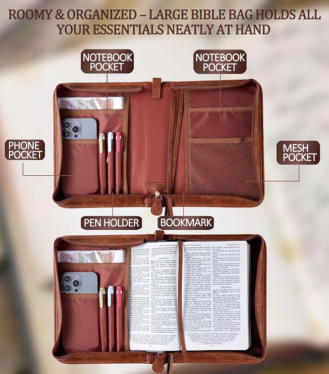 Vegan Leather Bible Cover Case, Bible Bag with Phone Pocket, Bible Case for Men Women, Christian Gift Box Packaging (Brown - with Strap)