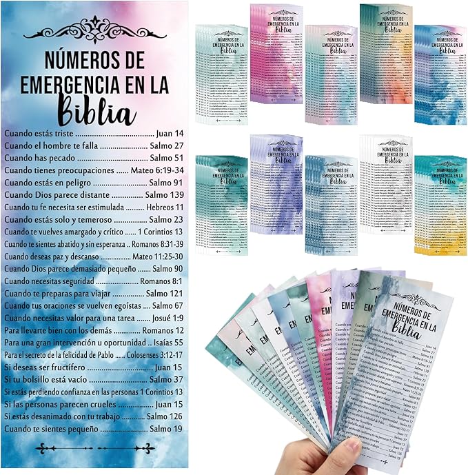 Motiskyy 100 Pcs Spanish Bible Emergency Numbers Bookmark Christian Church Gift 6 x 2.36 Inches Religious Fathers' Day Gift for Church Favor Welcome Sunday School Teacher(Watercolor)