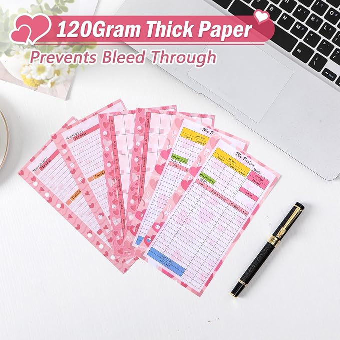 Toplive 3 Pack A6 Planner Refill Paper & Budget Sheets, Monthly Weekly Planner Losse Leaf Inserts 6 Hole Expense Tracker or A6 Planner Binder Cover Budget Bill Saving Organizer, Pink 3 Pack
