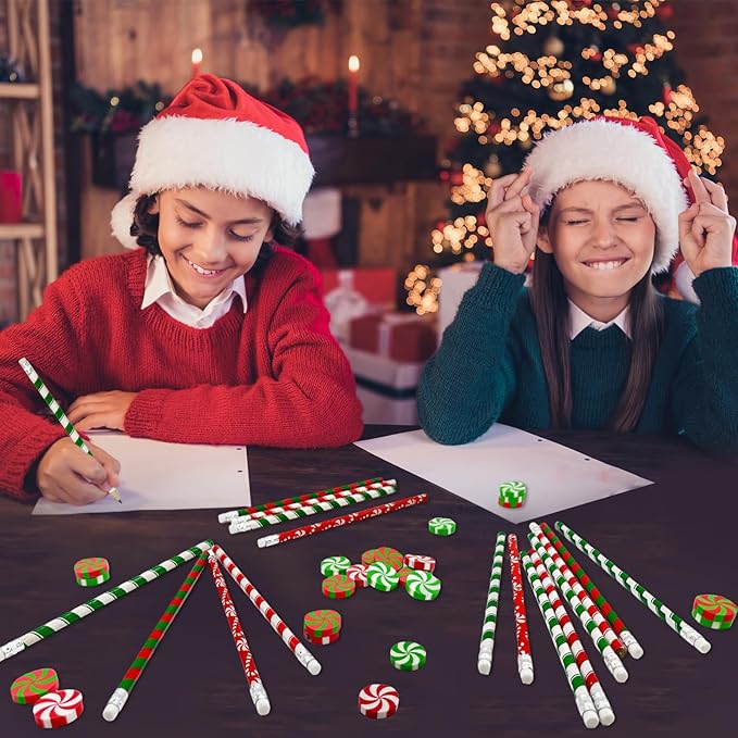 Cinrobiye 100 PCS Christmas Pencils Bulk,Christmas Candy Cane Writing Pencils with Eraser Xmas Stationery Pencil for Holiday School Party Favors Stocking Stuffers Classrooms Student Rewards