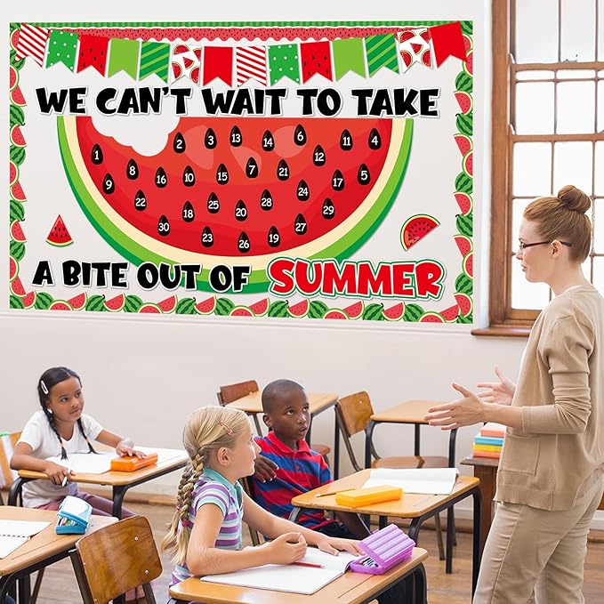 Summer Watermelon Countdown Bulletin Board Set Hello Welcome Summer Classroom Decoration Back to School Bulletin Board Colorful Wall Sticker Peel and Stick Cutouts for Classroom Chalkboard Wall Decor