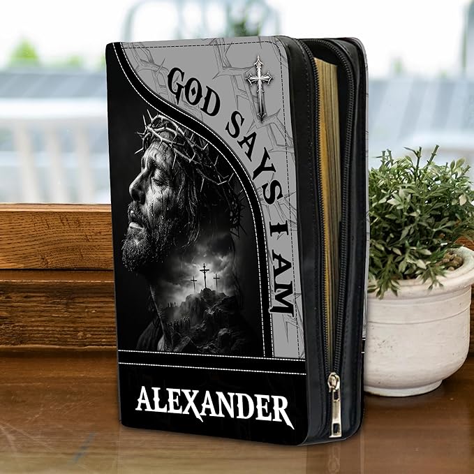 Custom Leather Bible Cover with Name – Personalized Bible Case for Women Zippered with Handle, Bookmark & Storage Pockets, Christian Gift for Mom, Daughter, Grandma (Man - God Says I Am, M-2XL)