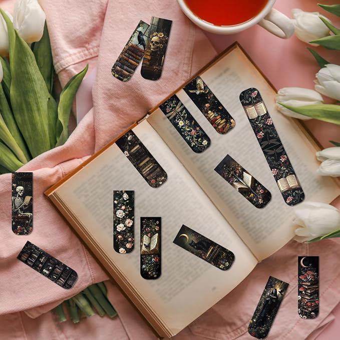 Wxiben Dark Academia Magnetic Bookmark - 30 Pcs Gothic Flower Book Mark Magnets Retro Aesthetic Bookmarks Magnetic Skull Plants Dragonfly Book Markers Page Clip for Women Students Teacher Reading Gift