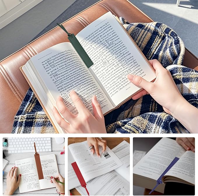 Wonvoc 6 Pcs Leather Bookmark, Bookmarks with Leather Rope, Page Markers Reading Presents for Women Men, Book Marks for Reading Lovers, for School Office Home Supplies