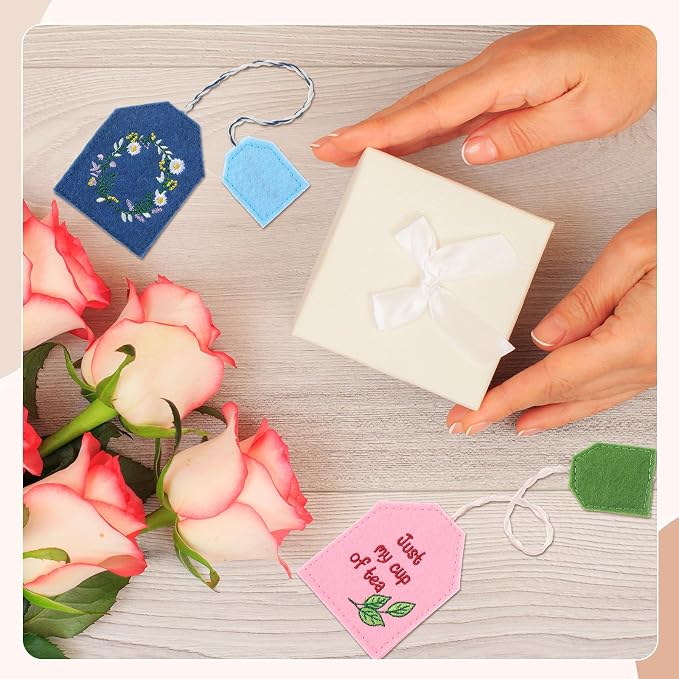 Honoson 6 Pcs Simple Tea Bag Bookmarks Tea Party Favors Garden Design Christmas Gift Bookmarks Cute Hand Embroidered for Women Mom Mother's Day Book Reading Lovers Gift