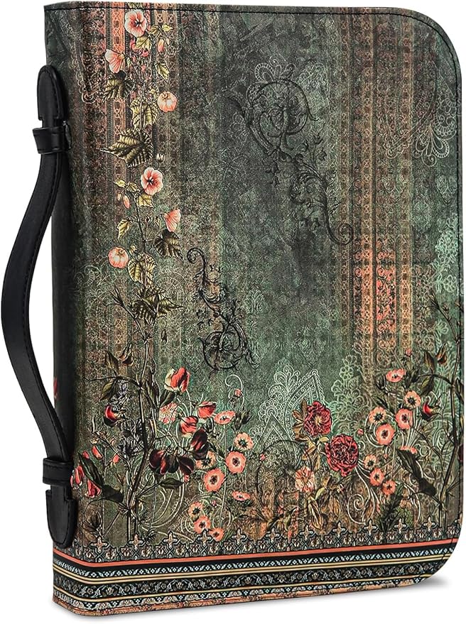 Bible Cover Case for Women PU Leather Woman Book Carrying Bag Bible, Protective Bible Organizer Holder Bag with Handle and Zippered Pocket, Christian Gift for Lady Girls (Boho Floral, XXL)