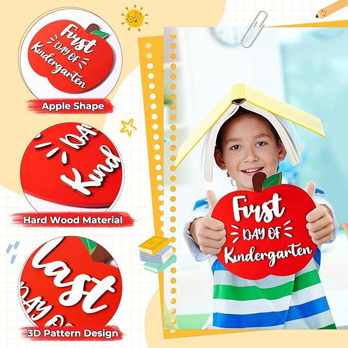CJiangpo 3D First and Last Day of Kindergarten Board, Double Sided Back to School Board, Apple Shape Reversible 1st Day of Kindergarten Chalkboard Photo Props Supplies for Kids Back to School Decor