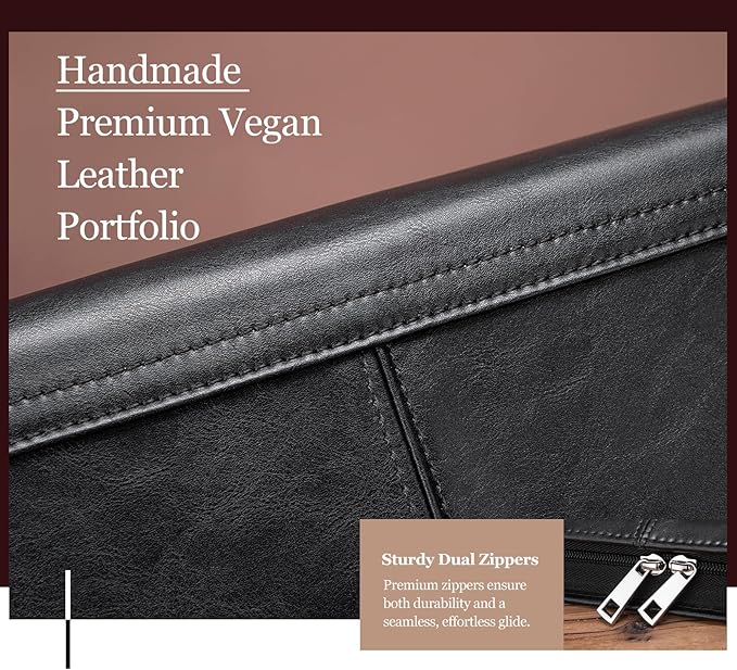 Leather Portfolio with 3 Ring Binder, Vegan Leather Padfolio Zippered, A4 Notebook Holder Laptop Sleeve Professional Business Organizer Gift for Men and Women, Black